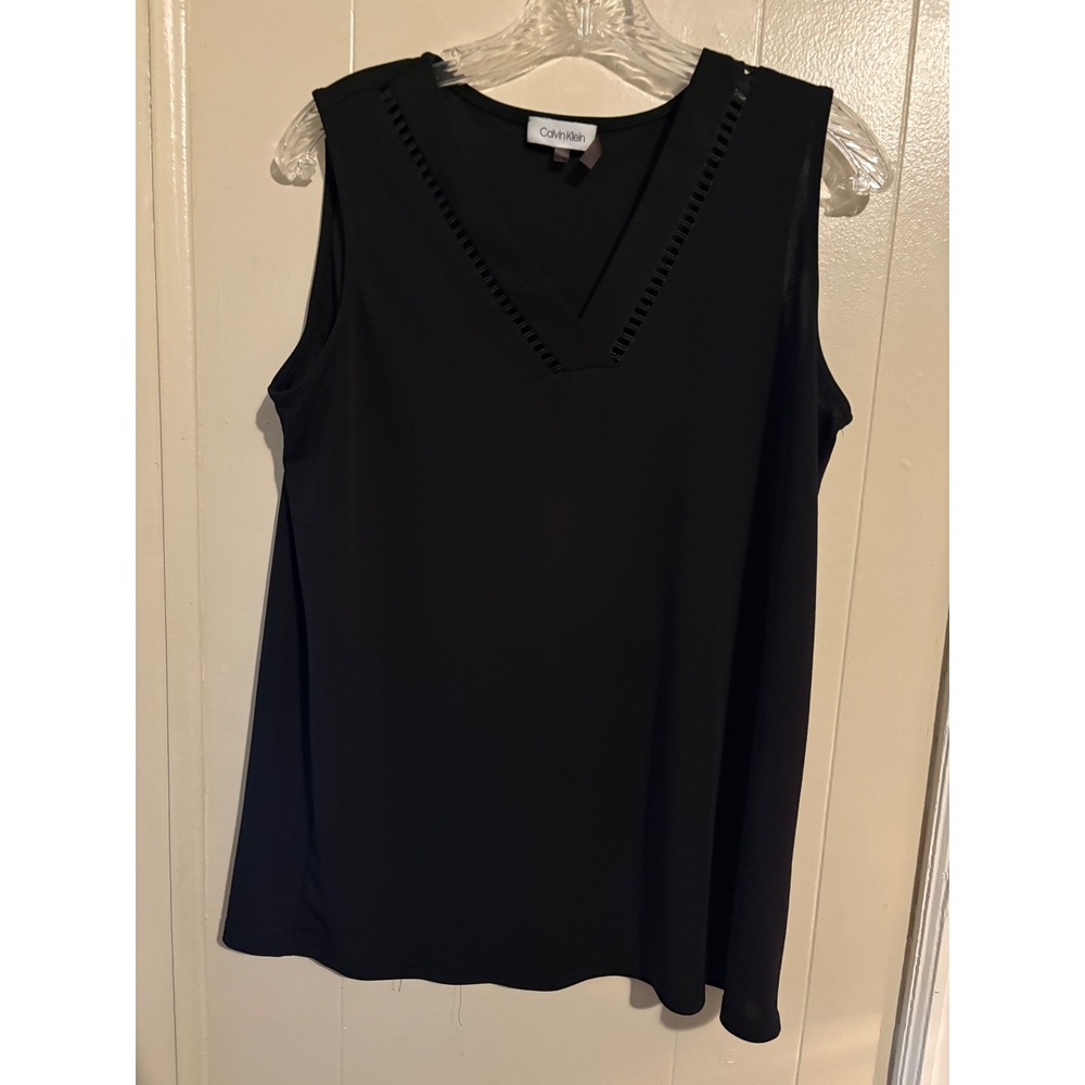 Calvin Klein Womens Black V-Neck Sleeveless Blouse Ladder Stitch Cutout Top M